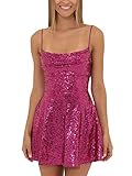 Glitzerndes Spaghettiträgerkleid für Damen, glänzende Pailletten, figurbetontes Minikleid, rückenfrei, A-Linie, Partykleid, Cocktailkleid, Streetwear, A-Rose Red, S