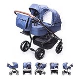 ZEKIWA Geschwisterwagen 3 in 1 [+ SPORTWAGENAUFSATZ] Zwillingswagen 3 in 1, Gestell schwarz + Wickeltasche + Regenschutz einfachen Klappsystem - inkl. Becherhalter - Zekiwa DreamDuo Blue