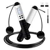 iMoebel Springseil mit Zähler, Verstellbar Speed Rope Seilspringen Stahlseil Anti-Rutsch Griffe Kalorienzähler Timer für Fitness Boxen Abnehmen Crossfit, Schwarz-weiß