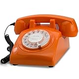 Opis 60s Cable: Retro Telefon mit Wählscheibe - Festnetztelefon mit Schnur, Nostalgie Telefon Analog, Antikes Telefon, Vintage Telefon im 80er Stil, EIN Wählscheibentelefon im Retro Design, orange