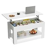 WLIVE Höhenverstellbarer Couchtisch mit Ablage, Wohnzimmertisch Rechteckig mit Offener und versteckter Stauraum, Kaffeetisch für Wohnzimmer, Schlafzimmer (Industriell, Weiß)