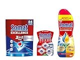 SOMAT Excellence 3in1 Caps 84 Stück 1,52 kg + Duo Power Gel 992 ml + 5in1 Maschinenreiniger 12 Tabs 228 g – effektive Reinigung und Maschinenpflege für strahlendes Geschirr