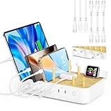 VisionSync Bamboo 60W 6 Port USB C Ladestation für mehrere Geräte, 20W PD Ladedock mit 3 AC Steckdosen, 3 USB C, 3 USB A, 2m Netzkabel für lPhone,lPad,Tablets... (6 gemischte Kabel), Weiß