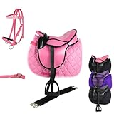 Marengos - Holzpferd Sattel Set | Sattel für Holzpferd mit Sattelgurt, Schabracke, Trense, Steigbügel & -Riemen | Sattel aus Kunstleder | Sattel-Typ Advanced in pink | Größe 12'