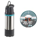 GARDENA Tauch-Druckpumpe 5900/4 inox automatic Bundle; mit Schmutzfilter, integrierte Trockenlaufsicherung; enthält Tauch-Druckpumpe 5900/4 inox automatic und Classic Schlauch 13mm (1/2'), 20m