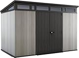 Keter Artisan 11x7 Gerätehaus – Wetterfestes Gartenhaus mit Boden, Pultdach, Doppeltüren & Fenster, Ideal für Outdoor-Aufbewahrung, 342x218x226cm, 13,7 m³, grau