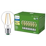 Philips Ultra Efficient LED Glühbirne, Energieeffizienzklasse A, mit E27 Sockel, 40 W, klar, warmweiß 2700 K, 6er Pack, Weiß