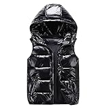 cutecool Steppweste Glänzend Damen - Ärmellose Steppjacke Einfarbige Weste Reißverschlusstasche Casual Kapuzenjacke Unisex Winterjacke Hooded Outdoor-Weste Puffer Jacke Schwarz