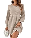 Saodimallsu Damen Rundhals Strickkleid Puffärmel Hoch Tailliert Pulloverkleid Elegant Strickpullover Kleid A-Linie Minikleid Aprikose Groß