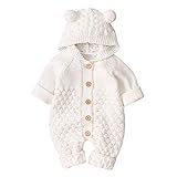 Neugeborene Baby Mädchen Jungen Kleidung Langarm Gestrickt Kapuze Strampler Body Overall Jacke Frühchenkleidung Erstausstattung Babysachen Set Herbst Winter Babykleidung Weiß-Haarball 0-6 Monate