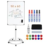 Flipchart Ständer, 90x60cm Flipcharts Whiteboard mit Haken Verschieben Flipchart Papier, Höhenverstellbar, Trocken Abwischbar Magnetische, 1 Radierer 5 Markern und 12 Magneten für Schule Büro Zuhause