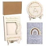 MINISONA Schwangerschafts-Set - Filz Mutterpasshülle, Schwangerschafts-Meilensteine Runde Holz-Fotokarte & Ultraschallbild-Rahmen - Kreatives Foto-Set für Babybauch & Erinnerungen (Holz)