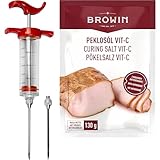 BROWIN® Fleischspritze aus Kunststoff 311105 | Marinierspritze mit 2 Nadeln | BBQ Bratenspritze für Rindfleisch, Hähnchen, Speck | Pökelspritze 30 ml + + 2 Nadeln + Pökelsalz mit VIT-C