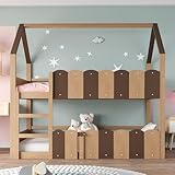 Luxeza Kinder-Etagenbett 90 * 200 cm, Hausförmiges Design mit erhöhten Sicherheitsgeländern. Das Obere Bett verfügt über Einen Lattenrost. Geeignet für Jungen und Mädchen (Holzfarbe)