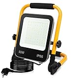 Ikodm LED Baustrahler, 50W 5100LM Arbeitsleuchte Strahler, IP66 Wasserdicht Tragbar Arbeitsscheinwerfer 6000K Kaltweiß Bauscheinwerfer, 3M Kabel und Faltbarer Ständer für Baustelle, GOL-8789-M1x