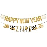 Tourima Silvester Deko 2026 Banner Happy New Year Girlande Papier, Gold Schwarz Glitter Deko Silvester Party Set, New Year Decoration 2026, Silvesterdeko & Neujahr Deko für Silvesterparty Tischdeko