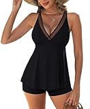 Tankini-Badeanzüge für Damen Badekleid Badeanzüge mit Shorts tiefer V-Ausschnitt Sport-BH und Boyshorts Badeanzüge Schwarz M