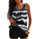 Tankini Damen Set, Bademode Bauchweg Set Freizeit Zweiteiler Tankinis Push Up Top Oberteile Badeanzug Sommer Elegant Badeanzüge Mehrfarbig Strandmode mit Dreieck Unterhosen (A2-Schwarz,4XL)