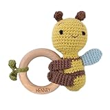 NGTSFLY Personalisierte Geschenke Baby - Personalisierter Beißring Baby aus Holz - Greifling Personalisiert Babyrassel mit Name, Geschenk zur Geburt Junge und Mädchen (Umarmungen – Bienen)
