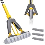 Masthome Schwamm Wischmopp, Schwammwischer mit Edelstahl Stiel,Saugfähig Schwamm Bodenwischer mit 3 Schwammköpfe, Selbstwringender Bodenreinigungs Schwamm Mopp für Böden Reinigung