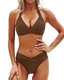 Yonique Zweiteiliger Damen-Badeanzug, Push-Up-Bikini-Set, Neckholder, Vintage-Bademode, Braun, Large