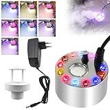 Ultraschall Nebler, Fog Maker mit Weiße Abnehmbarem Spritzschutz, Nebelerzeuger Nebulizer, Nebelmaschine Mini Fogger mit 12 Lichter für Wasserbrunnen Teich Topf Steingarten, Feiertage, Halloween Party