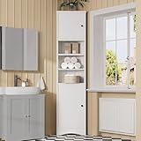Merax Eckschrank Hochschrank, Dreieckiger Badezimmerschrank, feuchtigkeitsbeständiger Lack, DREI offene Ablagefächer, Doppeltüren, verstellbare Einlegeböden, weiß, 36.5 x 24.5 x 170cm