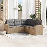 QJBSAVVA Garten-Sofagarnitur 5-TLG. Beige Poly Rattan Sessel mit Stauraum & wetterfesten Kissen Ecksofa Mittelsofa Armlehnen-Sofa modular für Garten Terrasse Balkon
