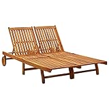 WDGJJFECNMUEHI Doppel-Sonnenliege Massivholz Akazie Outdoor Gartenliege mit Verstellbarer Rückenlehne, 2 Rädern & Ölfinish, perfekt für Pool, Terrasse, Balkon, 199 cm Länge, robust & bequem