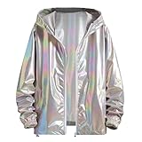 Caxndycing Herren Metallic Glänzend Jacket Farbverlauf Hoodie Reflektierende Bunt Jacken Rainbow Glänzende Zipper Jacke mit Kapuze Outdoor Sport Leichte Tops mit Reißverschluss