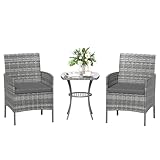 Amopatio Rattan Gartenmöbel Set, Balkonmöbel Set Kleiner 3 teilig, Outdoor Gartenlounge Wetterfest, Bistrotisch mit 2 stühlen, Terrassenmöbel für Terrasse, Balkon, Garten, Grau