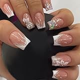 LunarCharm 24 Stück Eckig Nägel Zum Aufkleben, Glänzend Rosa French Künstliche Nägel mit Strasssteinen und Blumen, Kunstnägel Press on Nails, Square Fingernägel Fake Nails