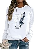 Dresswel Pullover Damen Feder Drucken Sweatshirt Langarmshirt Rundhals Langarm Shirts Herbst Winter Pulli Tops Oberteile Bluse(Weiß,2XL)