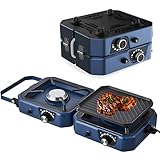Campingkocher Gas, Faltbarer Grill Campingkocher, 2000W Gaskocher mit Grillplatte, 16000 BTU Einstellbare Brenner & Piezozündung, Kochen für Gartenparty und Outdoor