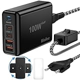 USB C Ladegerät Mehrfach GaN, 100W USB C Adapter USB C Netzteil, 5 Ports Schnellladegerät mit Geflochtenem Kabel, EIN/Aus Schalter, USB C Stecker Ladestation Kompatibel mit MacBook, iPhone, Samsung