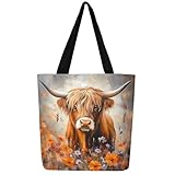 Loussiesd Hochland Kuh Leinwand Einkaufstasche Hochland Rinder Stoffbeutel Tier Wildlife Bauernhaus Handtasche Western Dekor Stofftasche Bauernhaus Rinder Bull Einkaufsbeutel für Strand Einkaufen