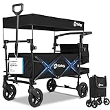 Sekey Bollerwagen Faltbar mit Dach 2 Kinder 100KG, Faltbarer Bollerwagen Handwagen Schiebegriff, Kinderwagen Stoßfest PU Räder mit Bremsen 110L, SS5050, Schwarz
