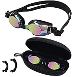 BEZZEE PRO Schwarze Kinder Schwimmbrille - UV Schutz & Antibeschlag Brille mit Etui - 3 Unterschiedlich Große Weiche Nasenstege - Vollkommen Dicht, Verstellbar für Jugendliche & Kinder Taucherbrille