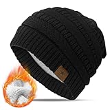 KEECOW Damen Strickmütze Beanie, Mütze Damen Winter, Double Fleece Line Warm Thermal Beanie für Ski Sport Outdoor (Schwarz)