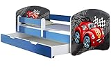 ACMA Kinderbett Jugendbett mit Einer Schublade und Matratze Blau mit Rausfallschutz Lattenrost II 140x70 160x80 180x80 (05 Rote Auto, 140x70 + Bettkasten)