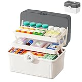 Kezidhp Hausapotheke Box Große Medikamenten Aufbewahrung mit 3 Etagen & Tragegriff, Medizinbox Erste Hilfe Koffer, Multifunktionaler Medizinkoffer für Zuhause, Reise & Familie 30,5x20x21,5cm