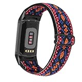 ahayo Elastisches Armband für Fitbit Charge 6/Charge 5, weiches Nylon, dehnbar, Stickschlaufe, Handgelenkschlaufe mit verstellbarer Schnalle, kompatibel mit Fitbit Charge 5, für Damen und Herren (Rot)