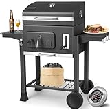 Grau Holzkohlegrill XXL, Grillwagen Holzkohle, Kohlegrill Groß, Holzkohlegrill mit Deckel XXL, 2PCS Räder, Thermometer und Edelstahl-Griff, Smoker Grill mit Ablage, BBQ Grill für Camping und Garten