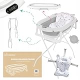 Primabobo Faltbar Babybadewanne, Große Babywanne faltbar, Kinderbadewanne mit Badesitz, für Babys von 0-36 Monaten (Premium Grau (Gestell, Badekissen, Thermometer), Faltbare Babybadewanne mit Gestell)