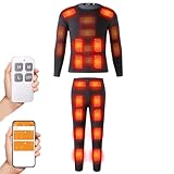 32 Bereiche Beheizte Thermische Unterwäsche Set, App Control Motorradbekleidung Fleece Thermal Shirt Hose, Ohne Batterie,Schwarz,XL