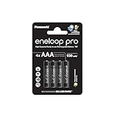 eneloop pro, AAA/Micro Ni-MH Akku, 4er-Pack, Kapazität mit min. 930 mAh, Ready-to-Use Ni-MH Akkus, bis zu 500 Mal wiederaufladbar, plastikfreier Verpackung, pro, schwarz