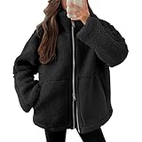 Wintermantel Damen Teddyfleece Winterjacke Warm Gefüttert Steppjacke Lange Damenmantel Winter Langarm Parka Jacke mit Taschen Black Winterparka Friday Einfarbig Teddyjacke Winddicht Outdoorjacke