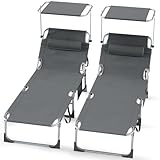 Soontrans 2PCS Sonnenliege mit Dach, 194 x 67.5 x 29cm, Gartenliege Klappbar, Liegestuhl Garten mit Verstellbarer Rückenlehne, Seitentasche, Kopfkissen, bis zu 150 kg, für Garten Terrasse (Anthrazit)