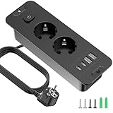 Einbausteckdose mit USB, 2 Fach Tischsteckdose mit USB, 4 n 1 Tischplatte Versenkte Dreifachsteckdose mit 2M Verlängerungskabe mit Schalter,Einbau Steckdosenleiste für Büro, zu Hause Schwarz