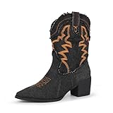 Hawkwell Damen-Rodeostiefel mit Stickereien und Nähten, spitze Zehenpartie, klobiger Blockabsatz, klassische Cowgirl-Stiefeletten zum Hineinschlüpfen, Westernstiefeletten, Schwarz, EU 39